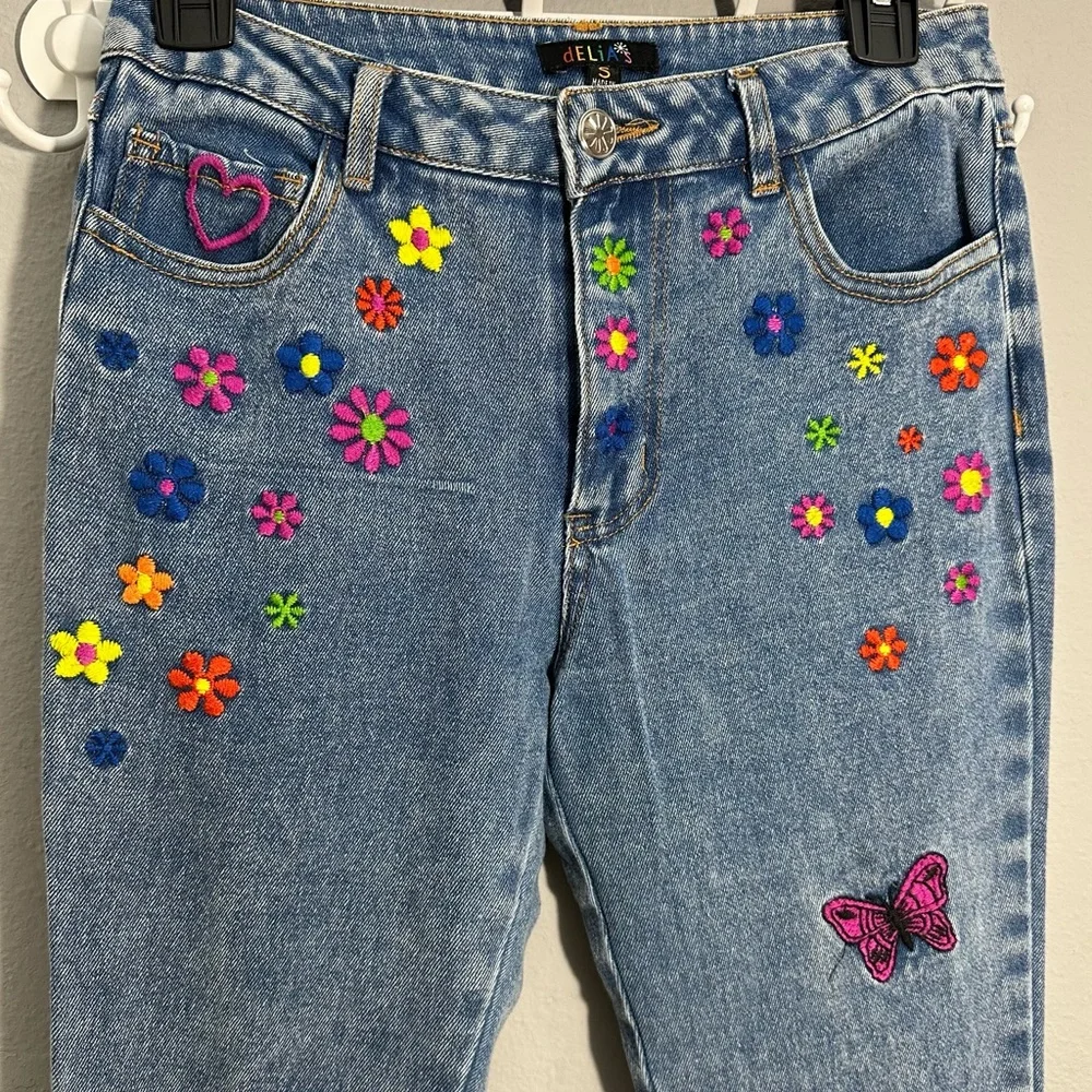 dELiA*s Blue Flare Jeans with Floral motives.Juniors/petite Women size S. Y2K.